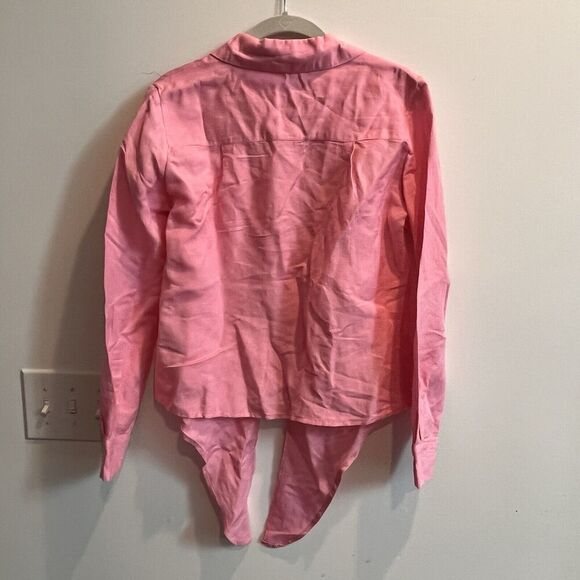 Boston Proper Pink Linen Button Up Blouse Women’s XS Tie Front Party Shower Long - Picture 12 of 12